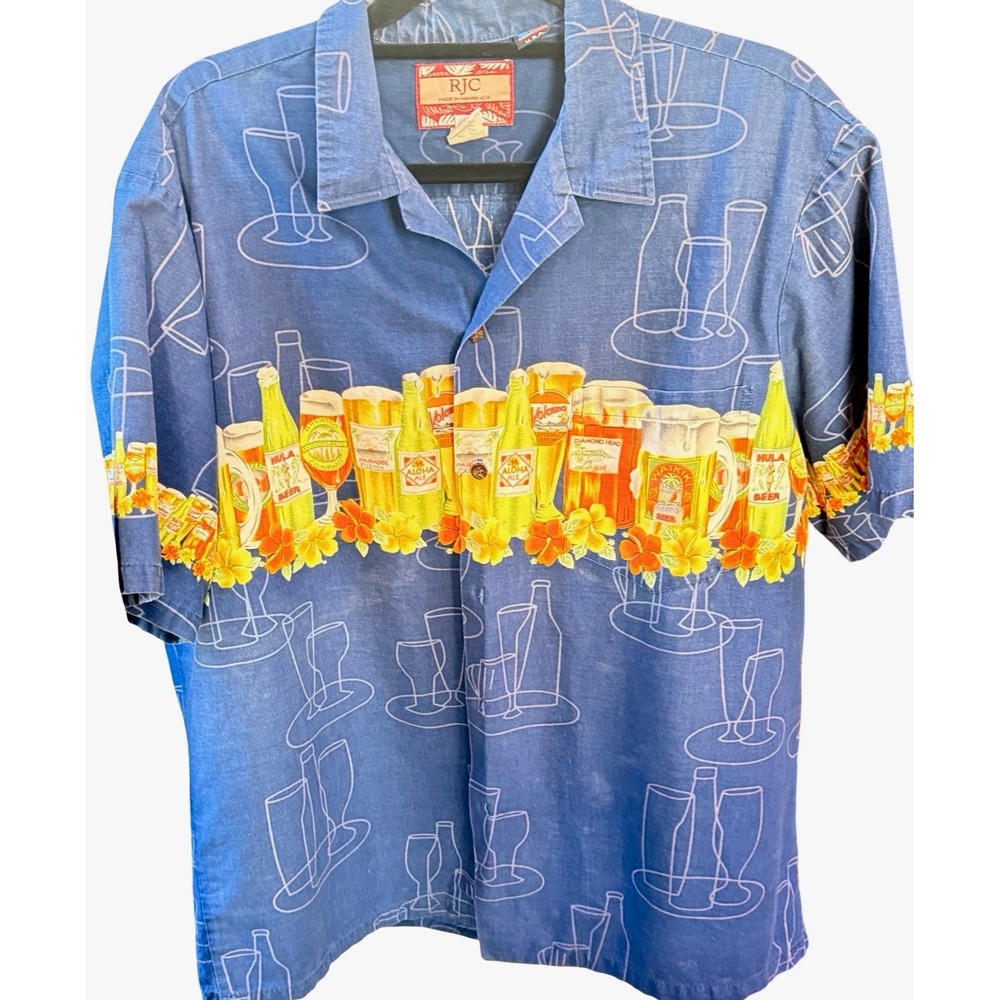 RJC Hawaiian Shirt XL Beer Print Aloha Bar Graphic Blue Camp‎ Made USA